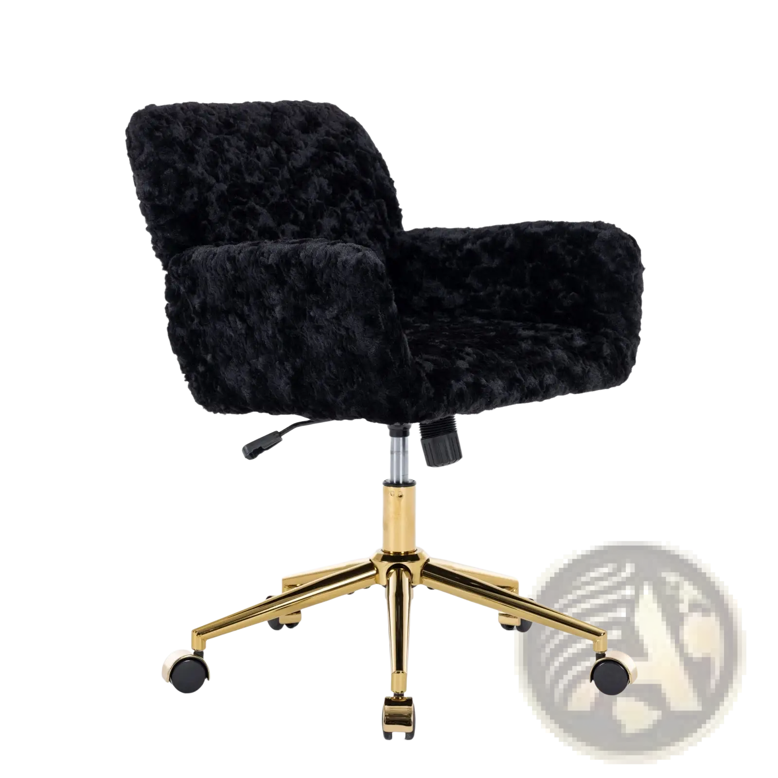 Black faux fur office chair with gold-tone metal base and casters designed for stylish workspace comfort