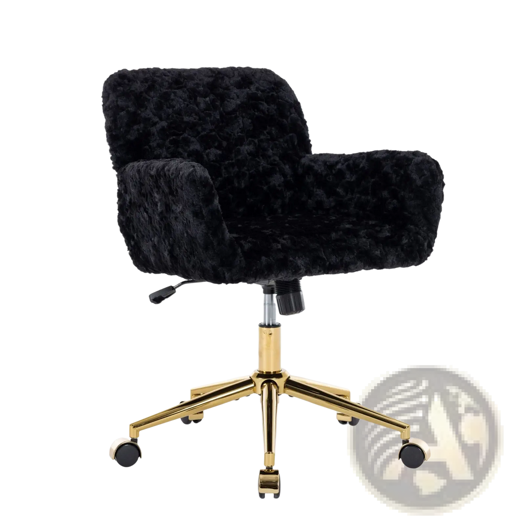 Black faux fur office chair with gold-tone five-star base and casters for stylish workspace seating