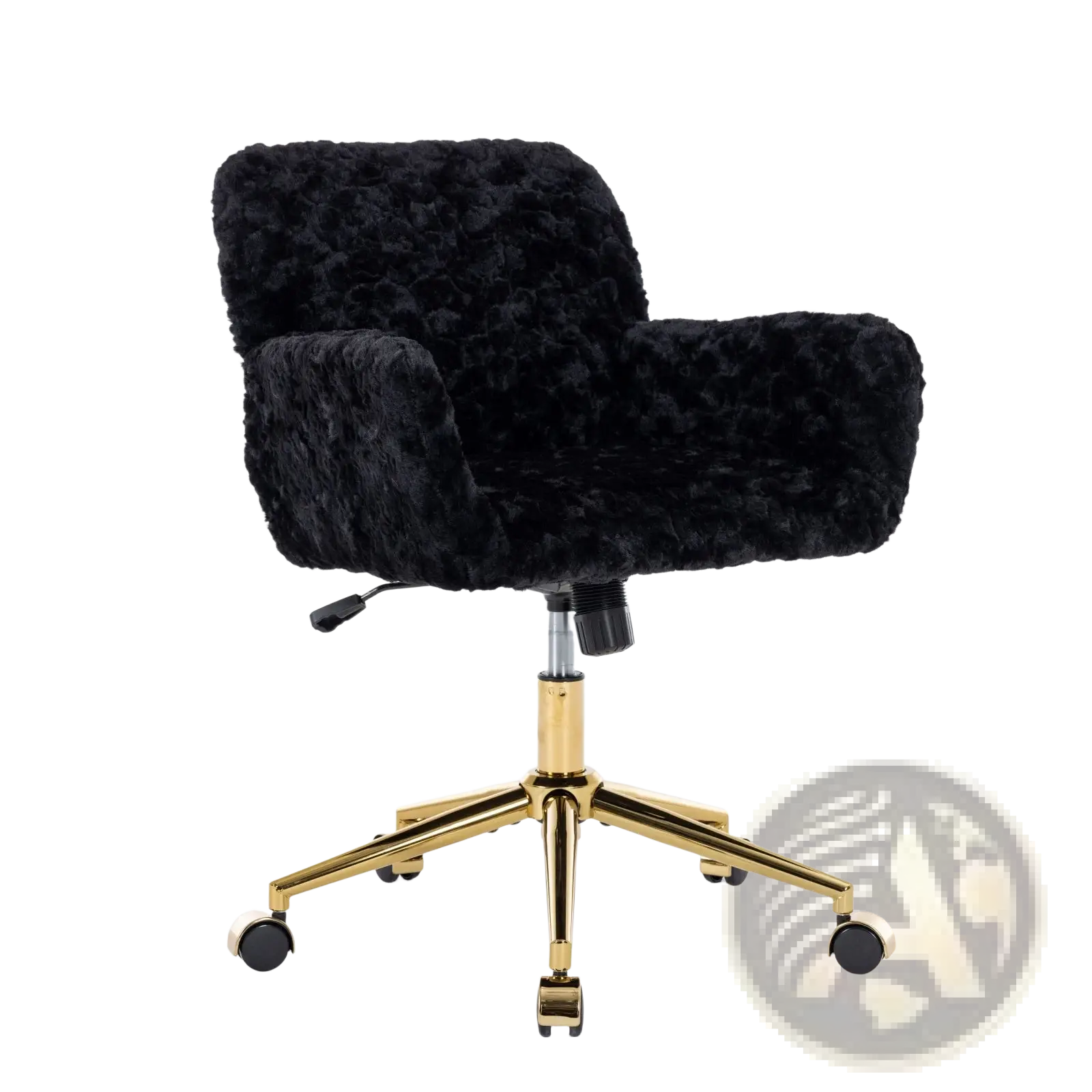 Black faux fur office chair with gold-tone five-star base and casters for stylish workspace seating