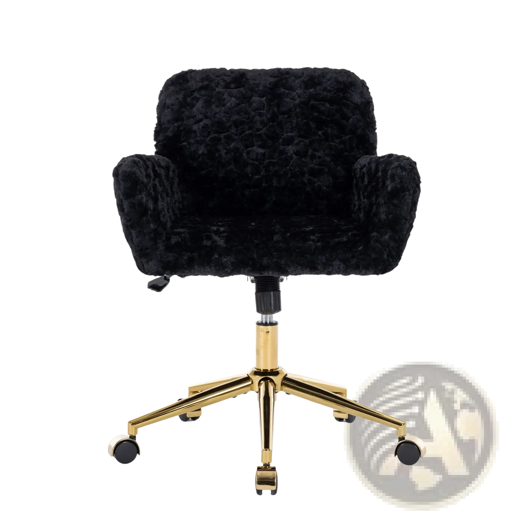 Black faux fur office chair with gold-tone metal base and casters designed for stylish workspace comfort