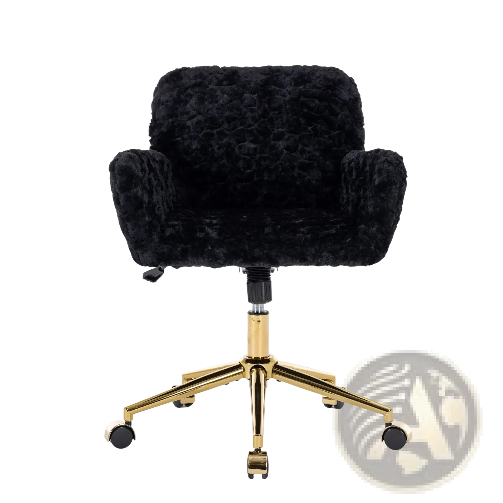 Black faux fur office chair with gold-tone metal base and casters designed for stylish workspace comfort