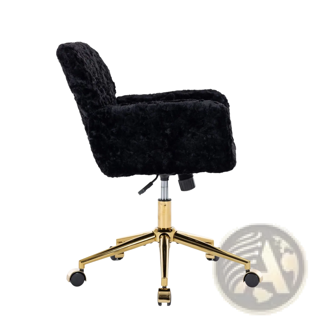 Black faux fur office chair with gold-tone metal base and five caster wheels for comfortable workspace seating