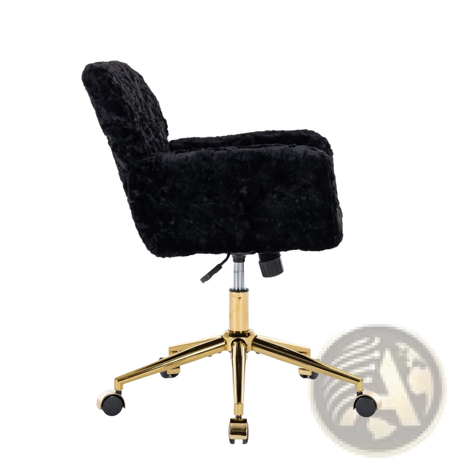 Black faux fur office chair with gold-tone metal base and five caster wheels for comfortable workspace seating