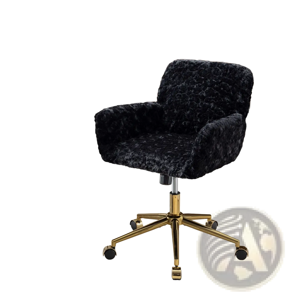 Black faux fur office chair with black plush velvet upholstery and gold-tone metal base with casters