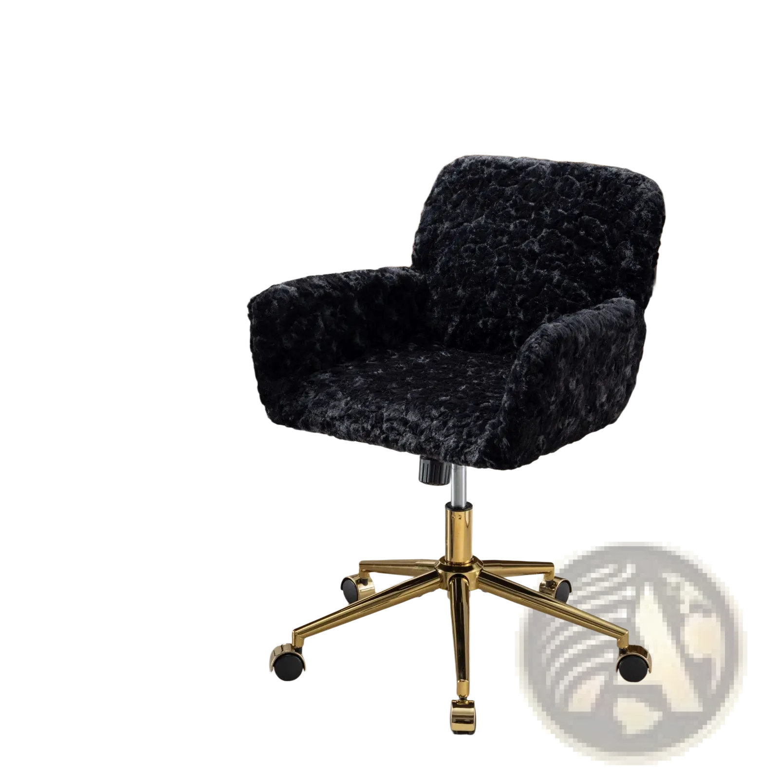Black faux fur office chair with black plush velvet upholstery and gold-tone metal base with casters