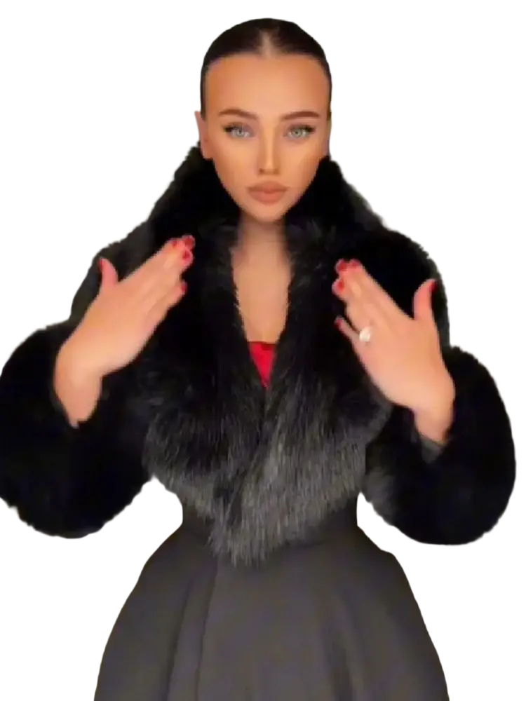 Black faux fur trim wool maxi coat with plush black fur and subtle gray gradient at the collar visible from the back