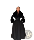 Black faux fur trim wool maxi coat with plush fur collar and cuffs shown from the front side