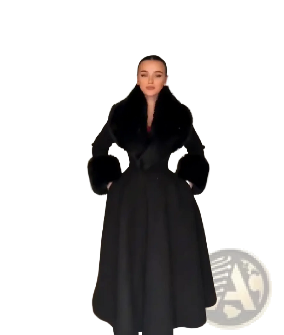 Black faux fur trim wool maxi coat with plush fur collar and cuffs shown from the front side