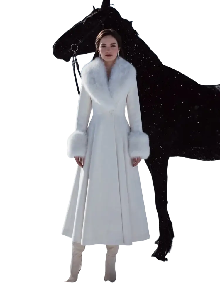 A luxurious white wool maxi coat with black faux fur collar and cuffs crafted from high-quality fabric