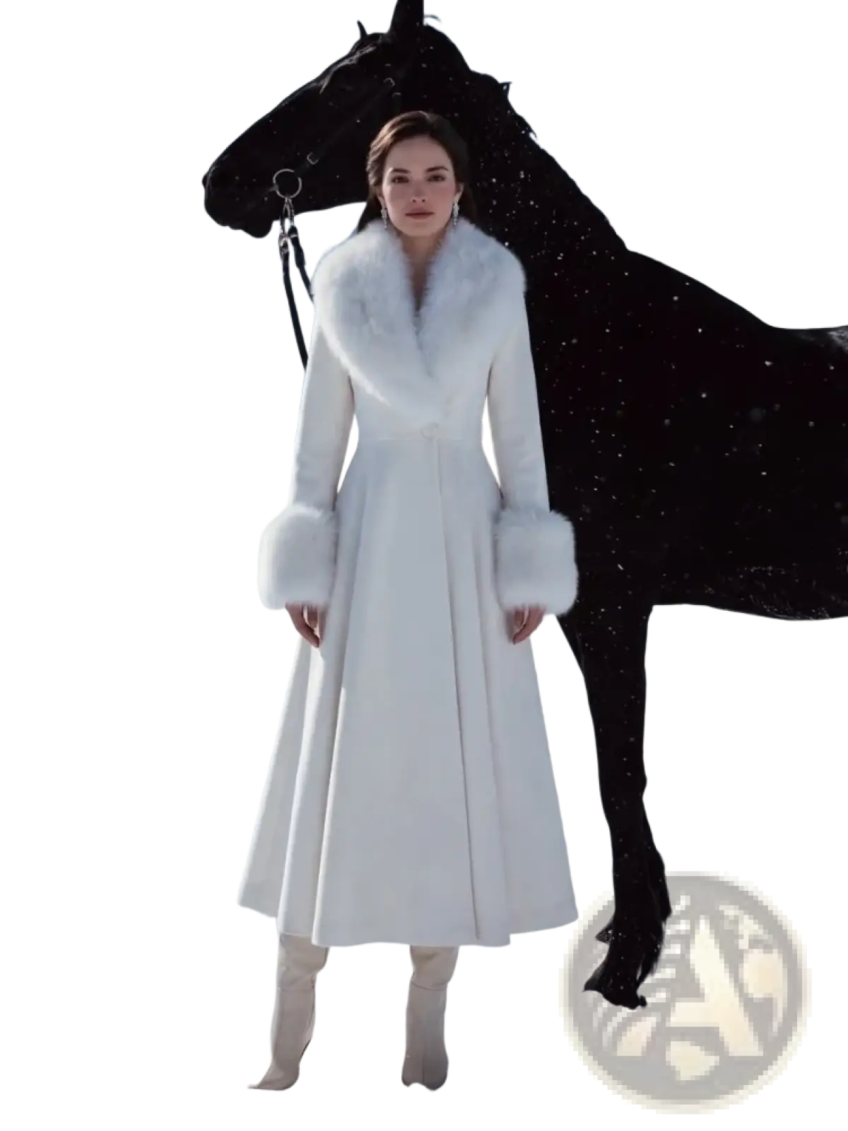 A luxurious white wool maxi coat with black faux fur collar and cuffs crafted from high-quality fabric