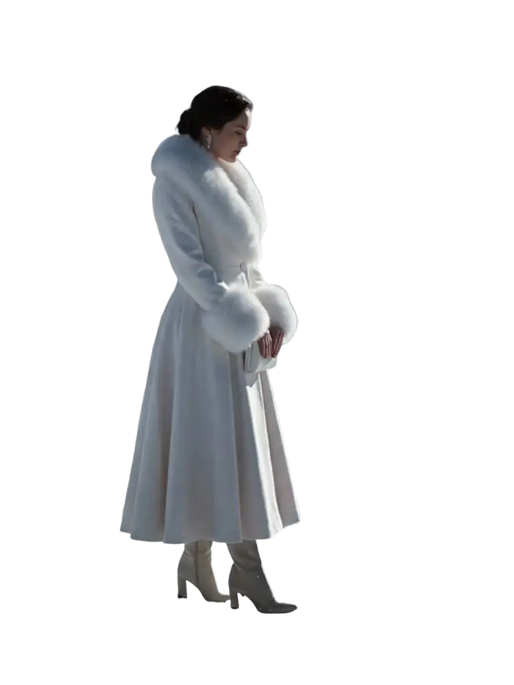 Black faux fur trim wool maxi coat featuring a luxurious white fur-trimmed flowing full skirt with matching fluffy cuffs