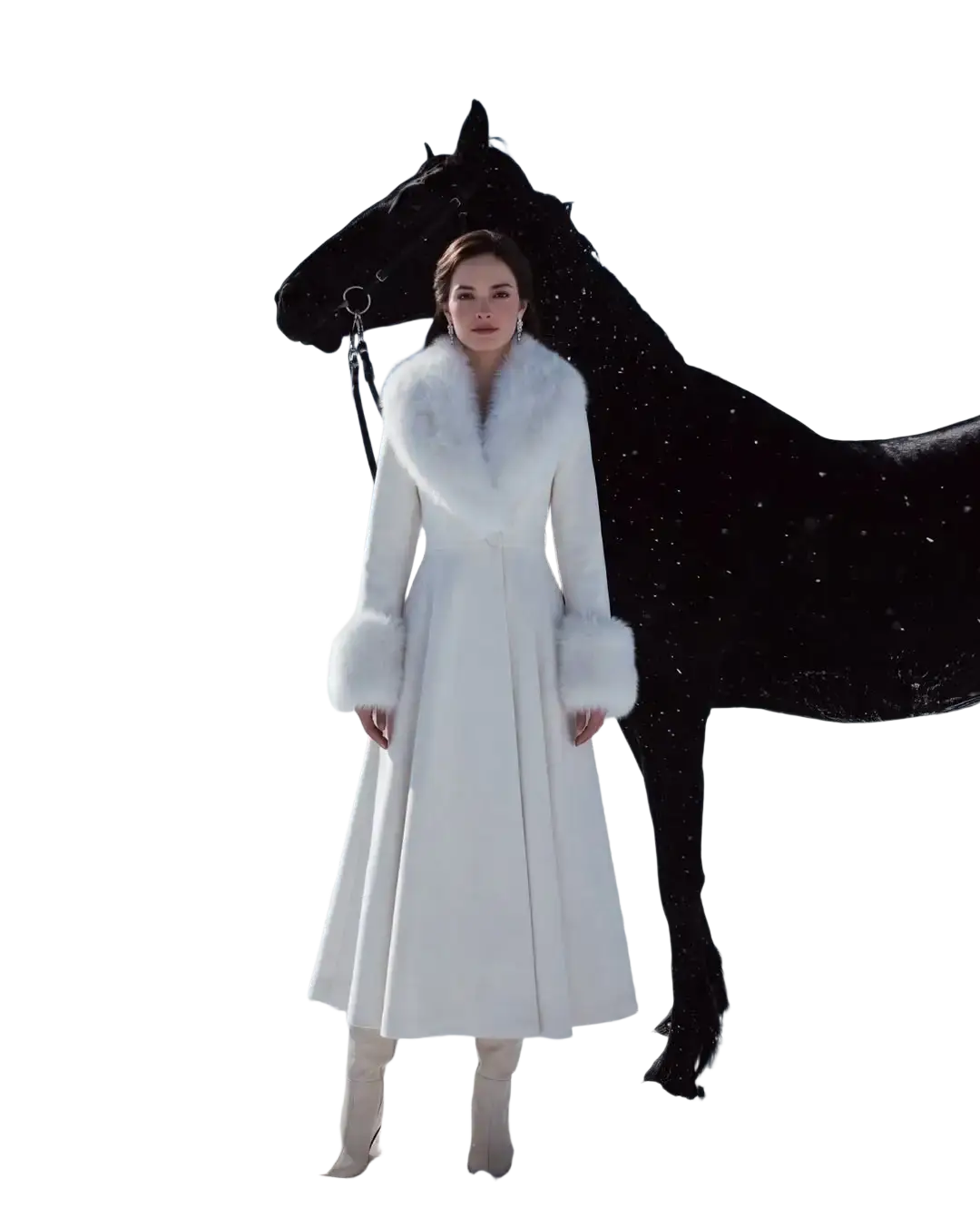 Black faux fur trim wool maxi coat in white with voluminous sleeves and a classic a-line silhouette front view