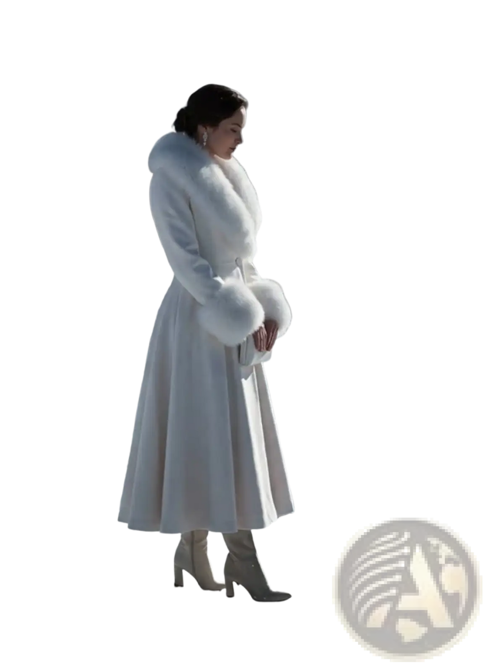 Black faux fur trim wool maxi coat featuring a luxurious white fur-trimmed flowing full skirt with matching fluffy cuffs