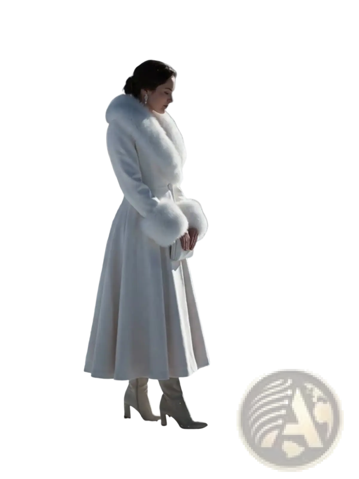Black faux fur trim wool maxi coat featuring a luxurious white fur-trimmed flowing full skirt with matching fluffy cuffs