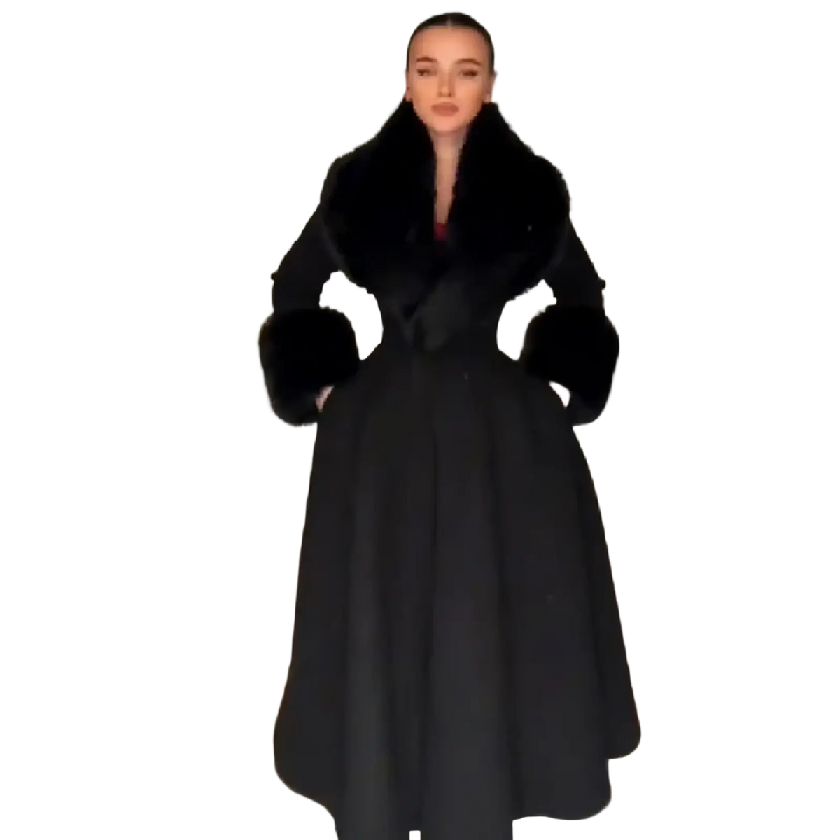 Black faux fur trim wool maxi coat featuring a plush fur collar and cuffs for warmth and style