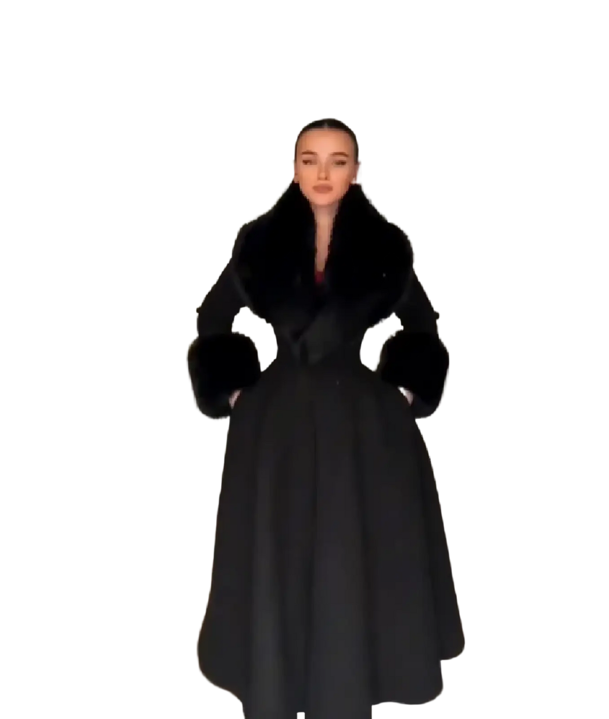 Black faux fur trim wool maxi coat with plush fur collar and cuffs shown from the front side