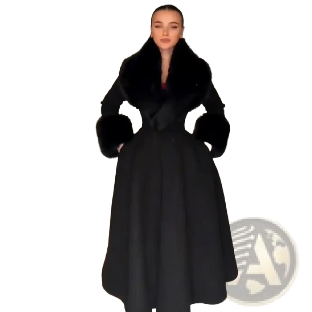 Black faux fur trim wool maxi coat featuring a plush fur collar and cuffs for warmth and style
