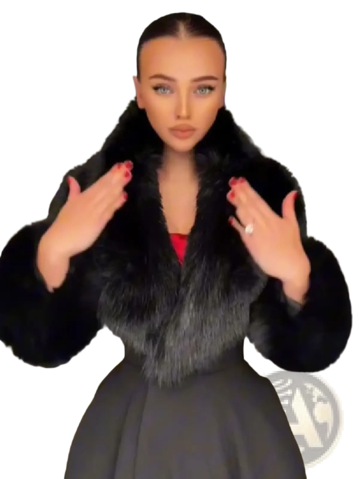 Black faux fur trim wool maxi coat with plush black fur and subtle gray gradient at the collar visible from the back
