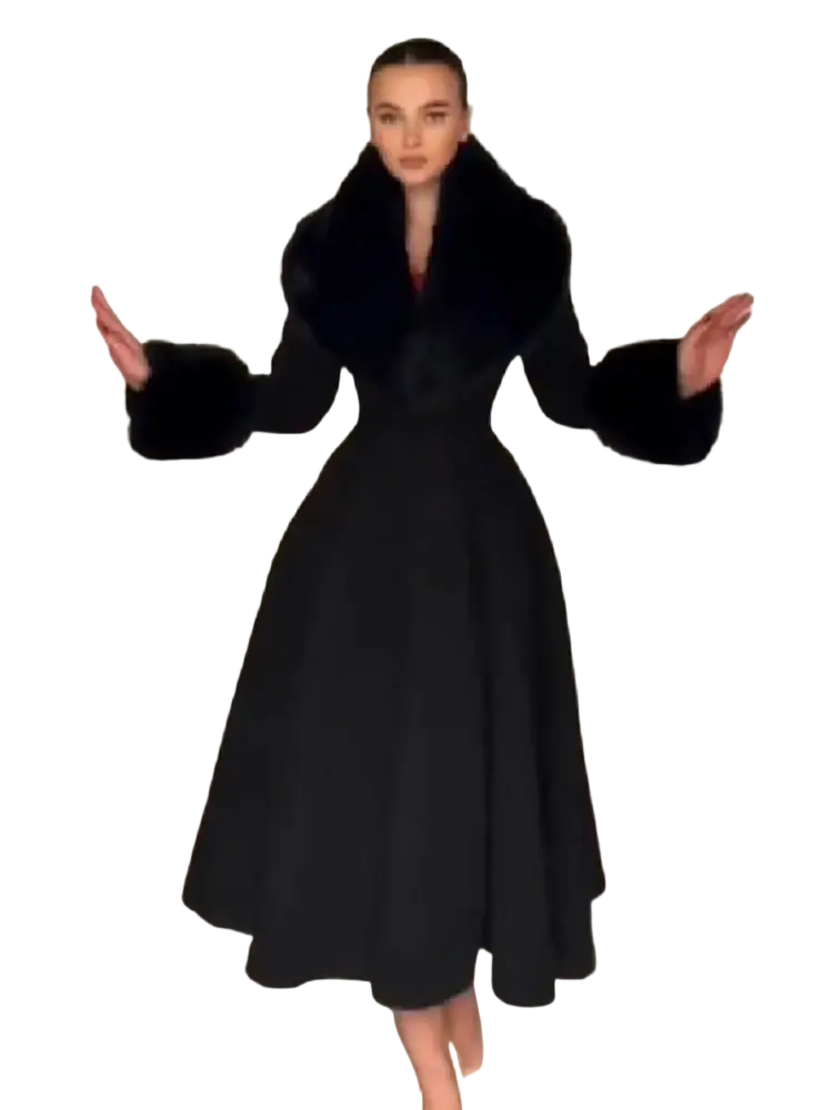 Black faux fur trim wool maxi coat with black fur-trimmed full skirt and puffed sleeves shown from the back side