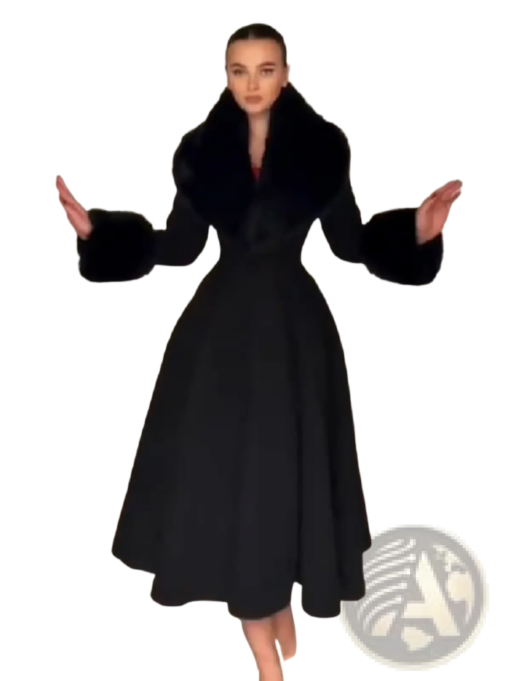 Black faux fur trim wool maxi coat with black fur-trimmed full skirt and puffed sleeves shown from the back side