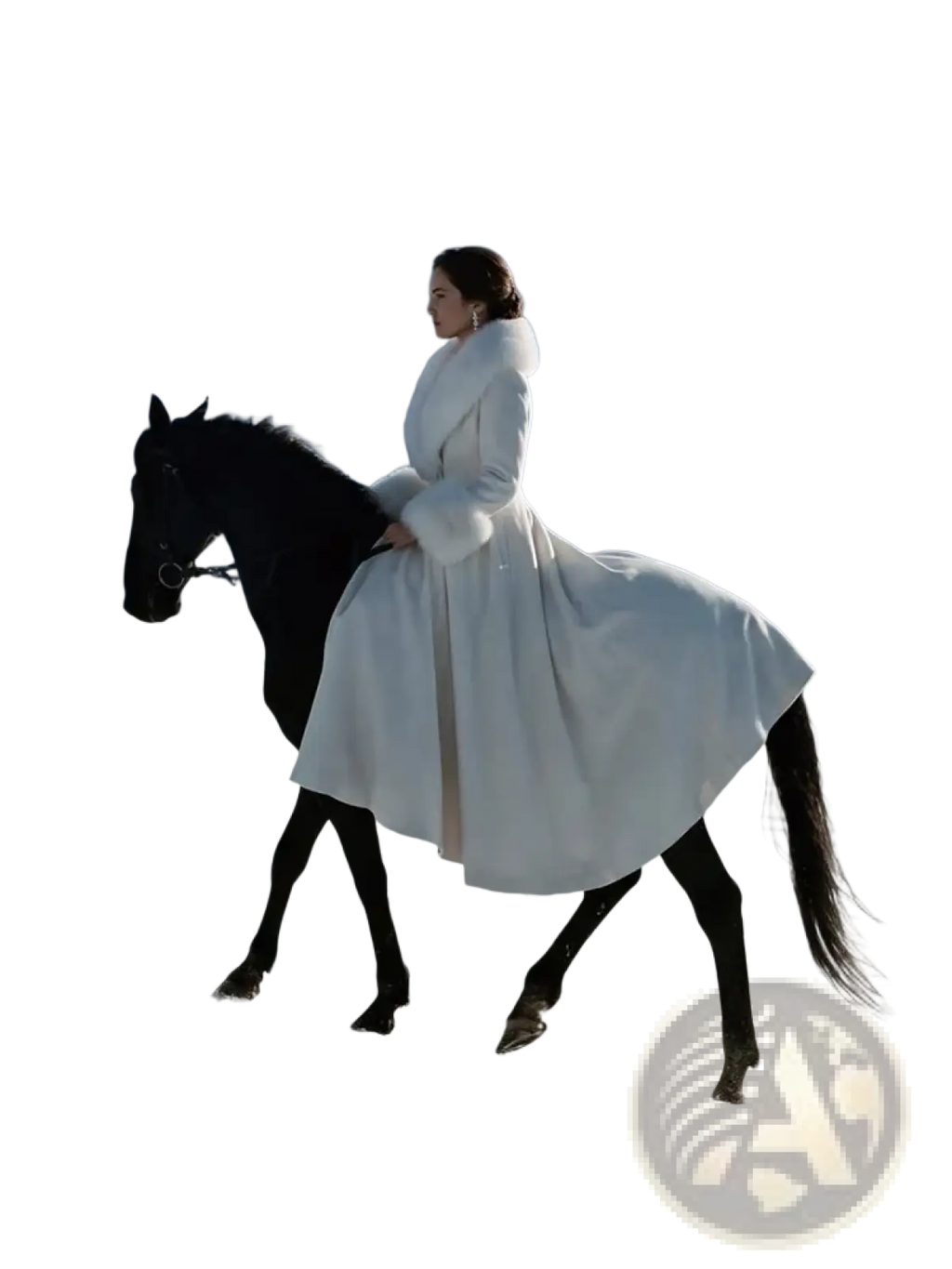 A woman rides a black horse across snowy mountains wearing a black faux fur trim wool maxi coat