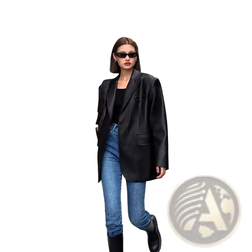 Black faux leather blazer for women loose fit jacket shown from the back side in black color and leather material
