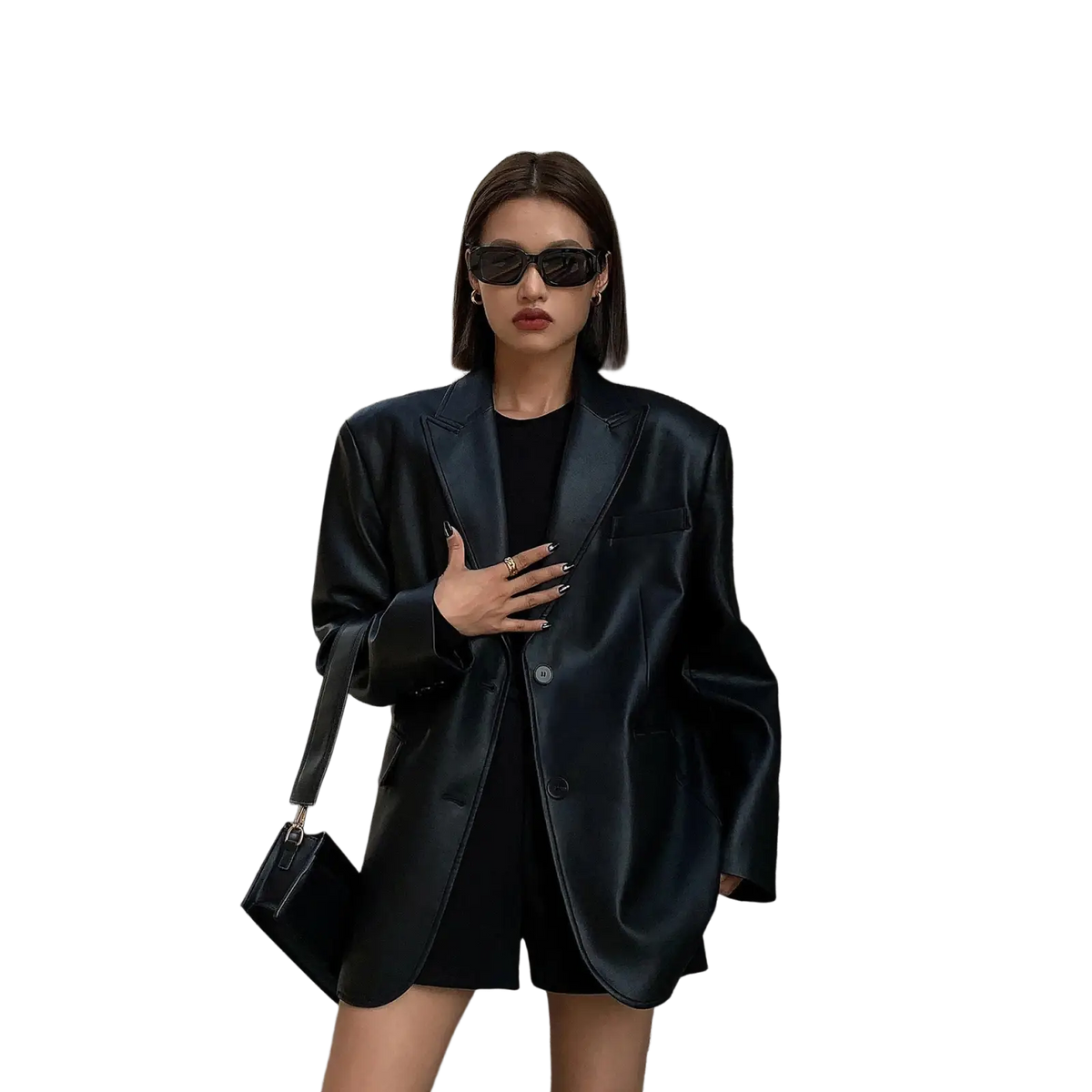 Black faux leather blazer for women with a structured oversized fit and single-breasted button closure