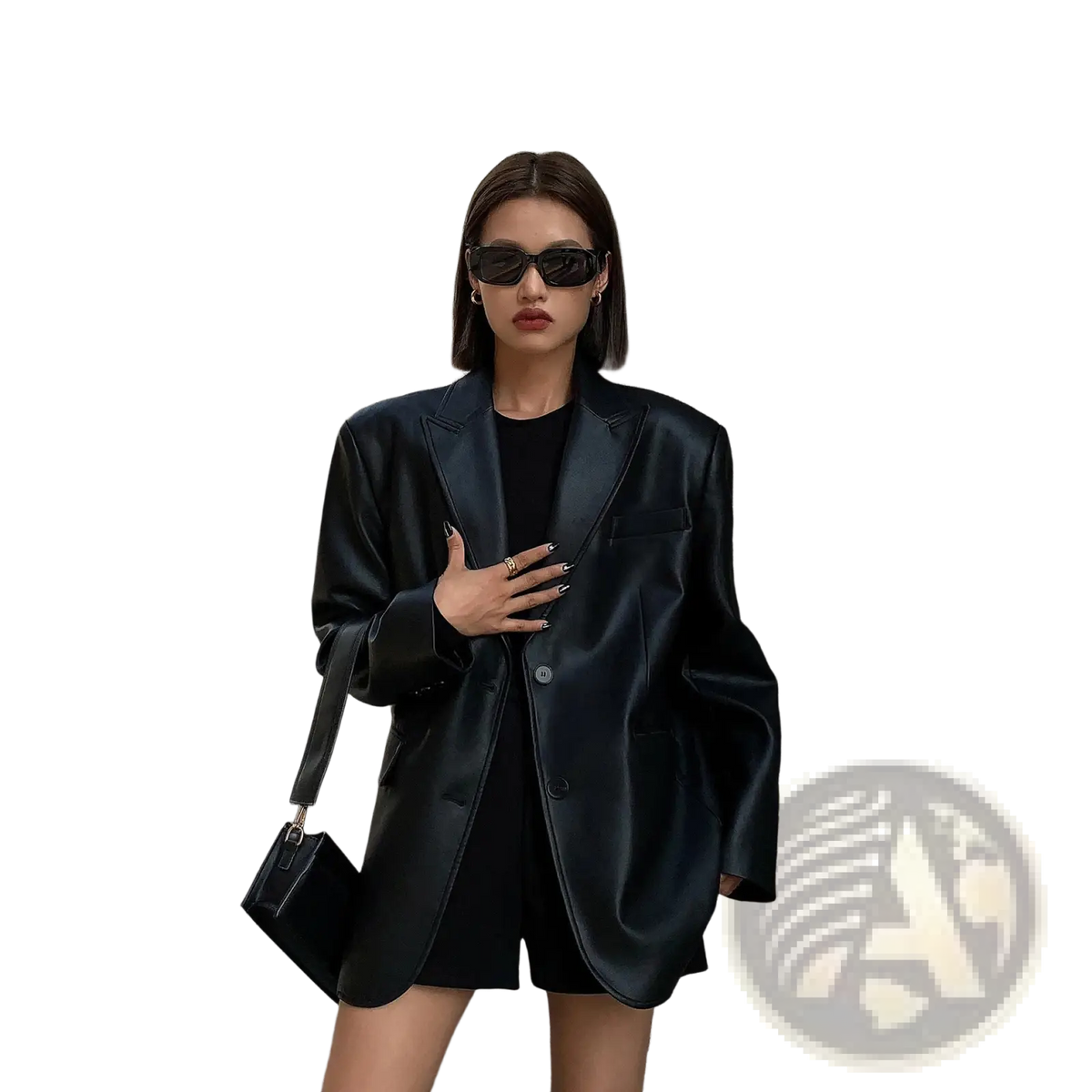 Black faux leather blazer for women with a structured oversized fit and single-breasted button closure