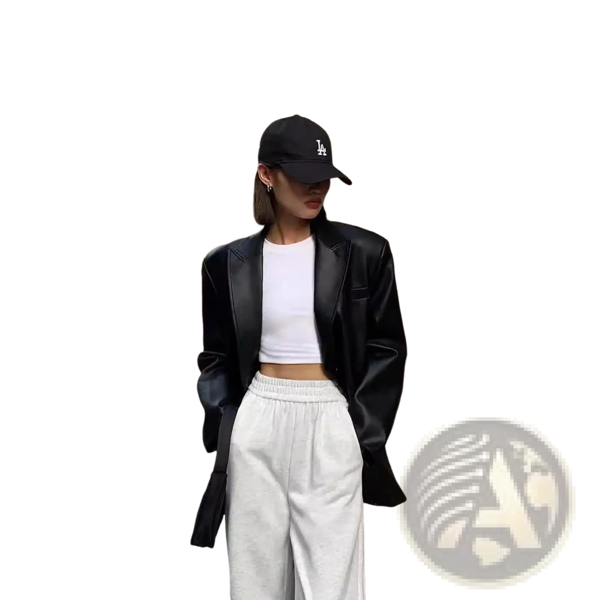 Black faux leather blazer for women with structured shoulders and a cropped fit in a loose fit jacket style