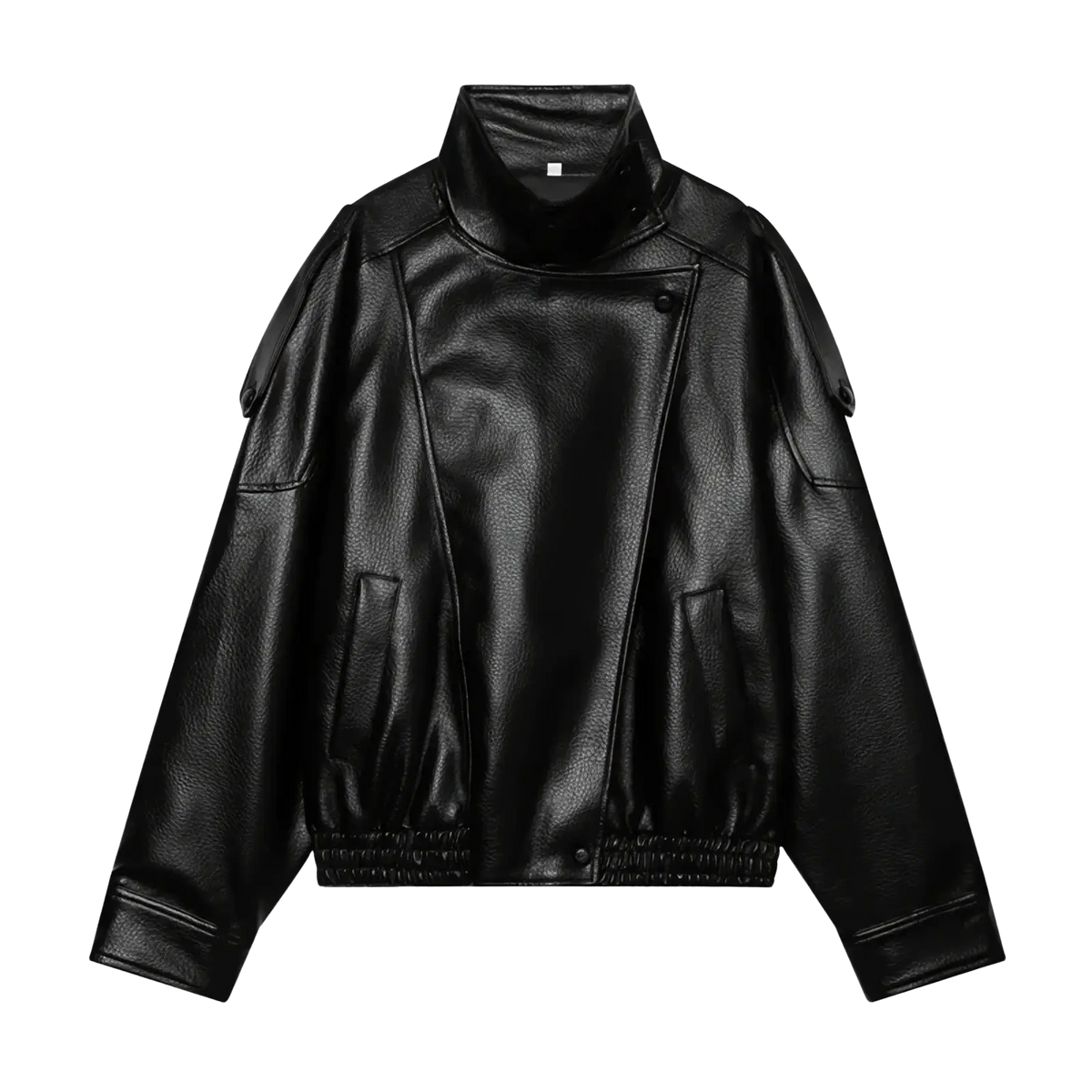 Black faux leather bomber jacket with high collar and elasticated cuffs for stylish outerwear
