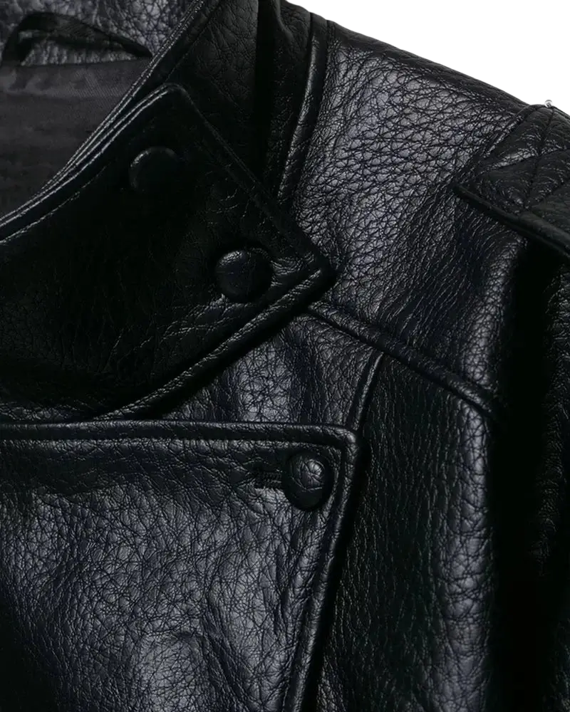Black faux leather bomber jacket with textured slightly wrinkled surface and dark button closures