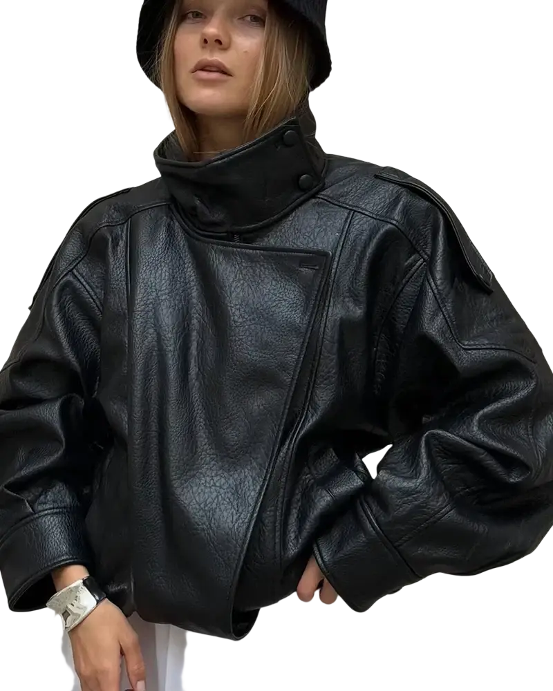 Black faux leather bomber jacket with high collar and buttoned front for stylish outerwear use