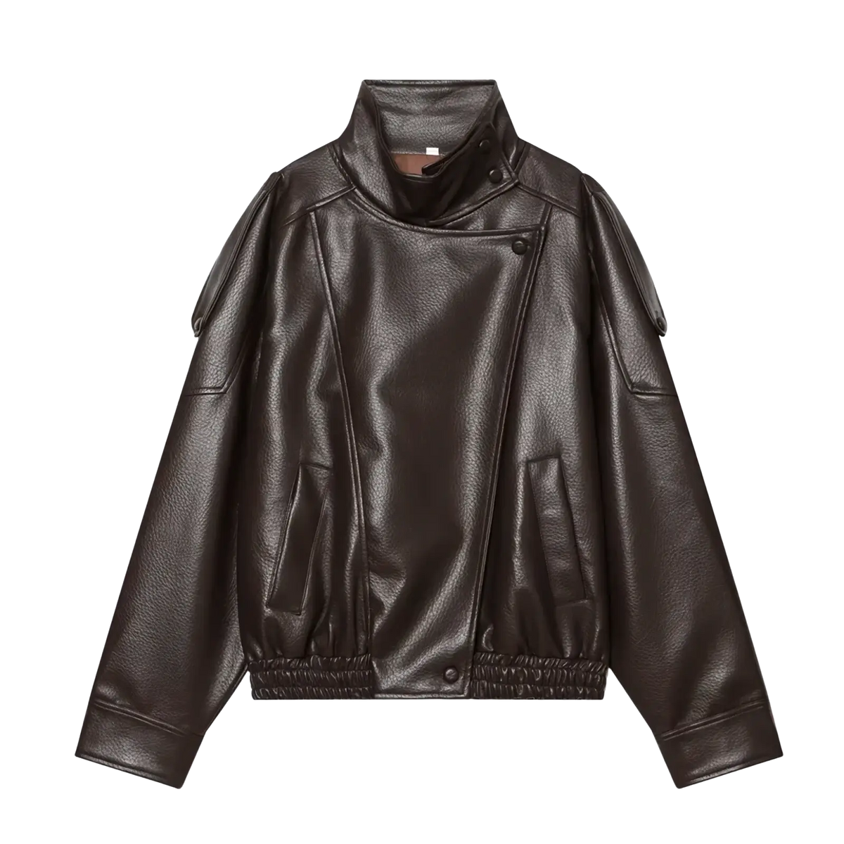 Black faux leather bomber jacket in dark brown with a high collar and elasticated cuffs shown from the front