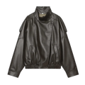 Black faux leather bomber jacket in dark olive green with high collar shoulder epaulets and elastic cuffs