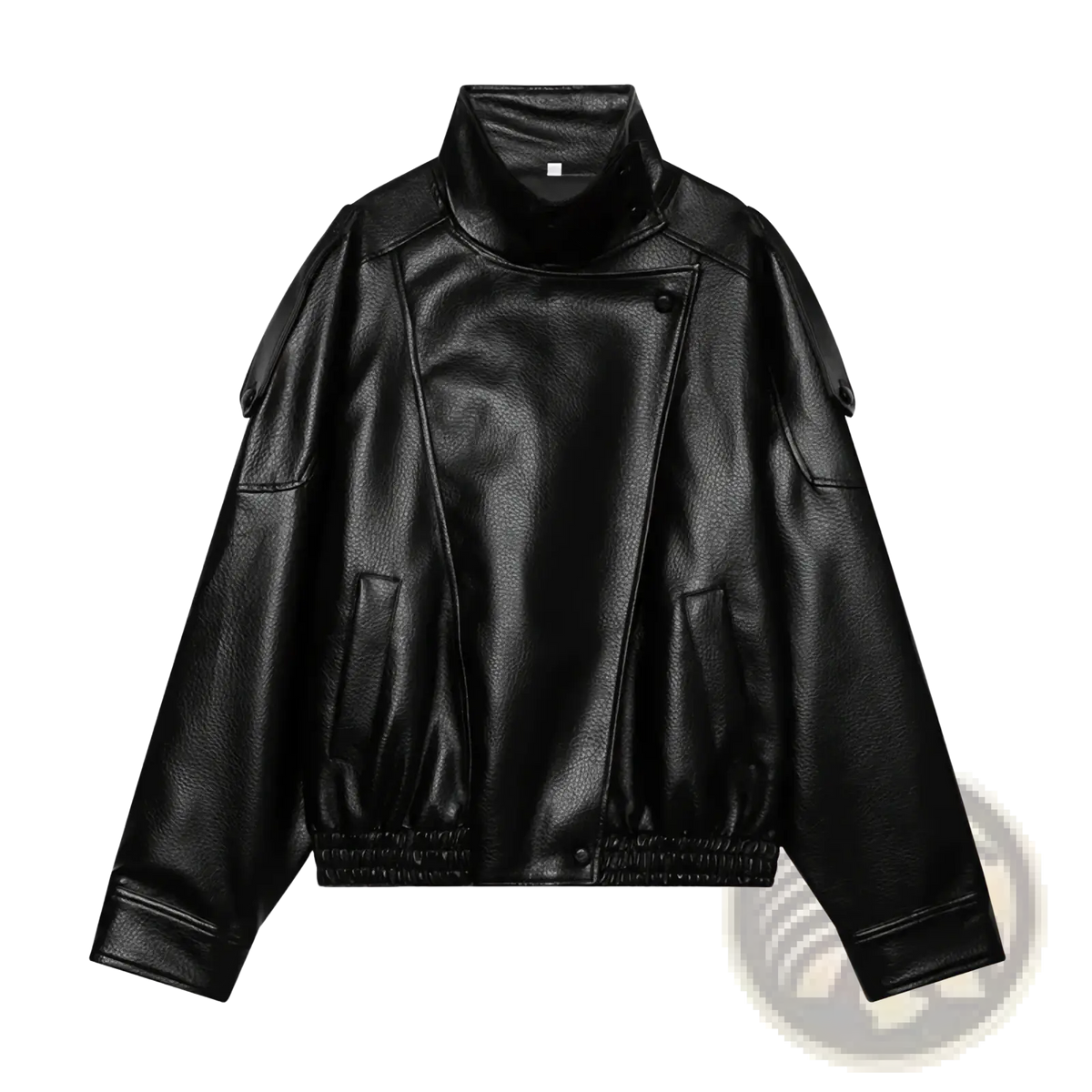 Black faux leather bomber jacket with high collar and elasticated cuffs for stylish outerwear