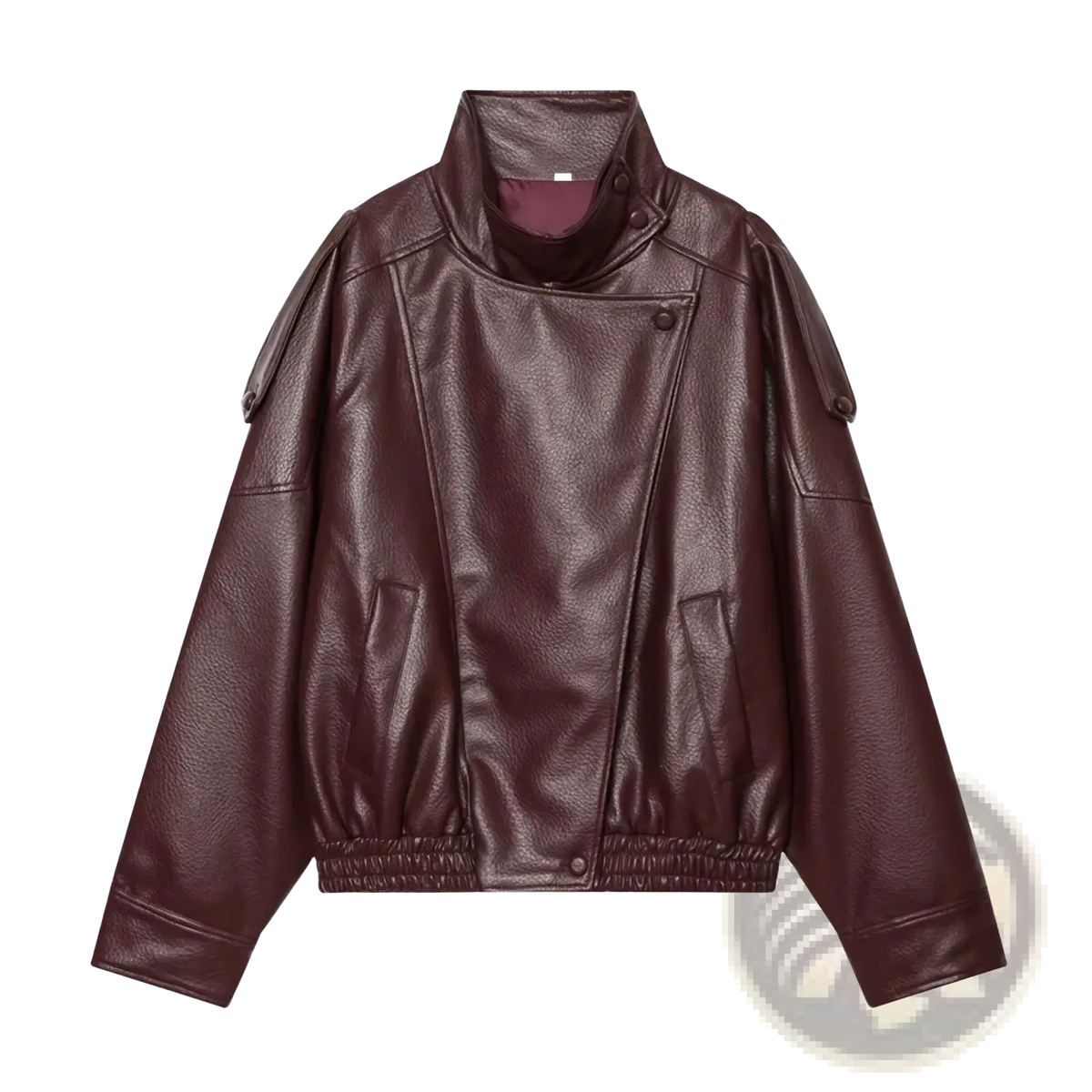 Black faux leather bomber jacket featuring a dark brown faux leather moto design with high collar and elasticated cuffs