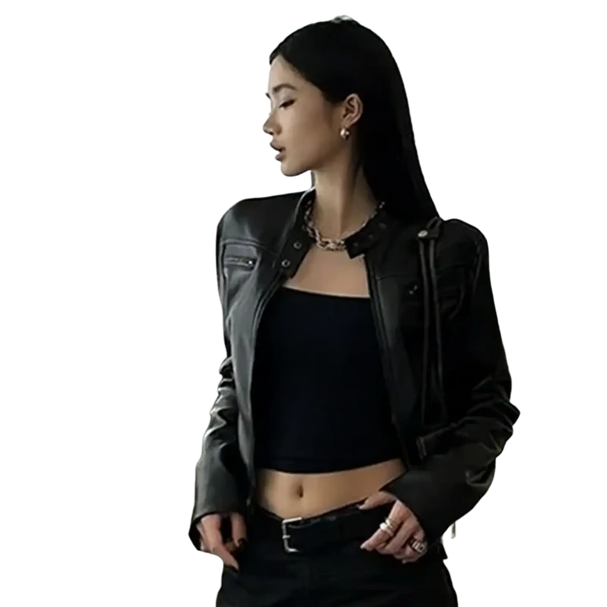 Black faux leather cropped moto jacket with silver hardware and a fitted silhouette for a stylish look