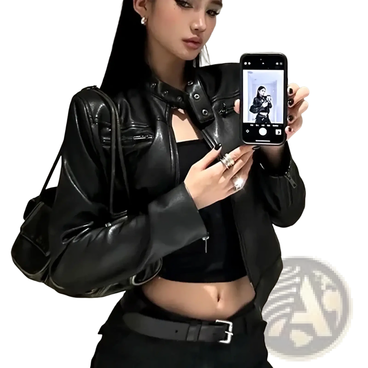 Black faux leather cropped moto jacket featuring a distinctive collar and front zipper detail