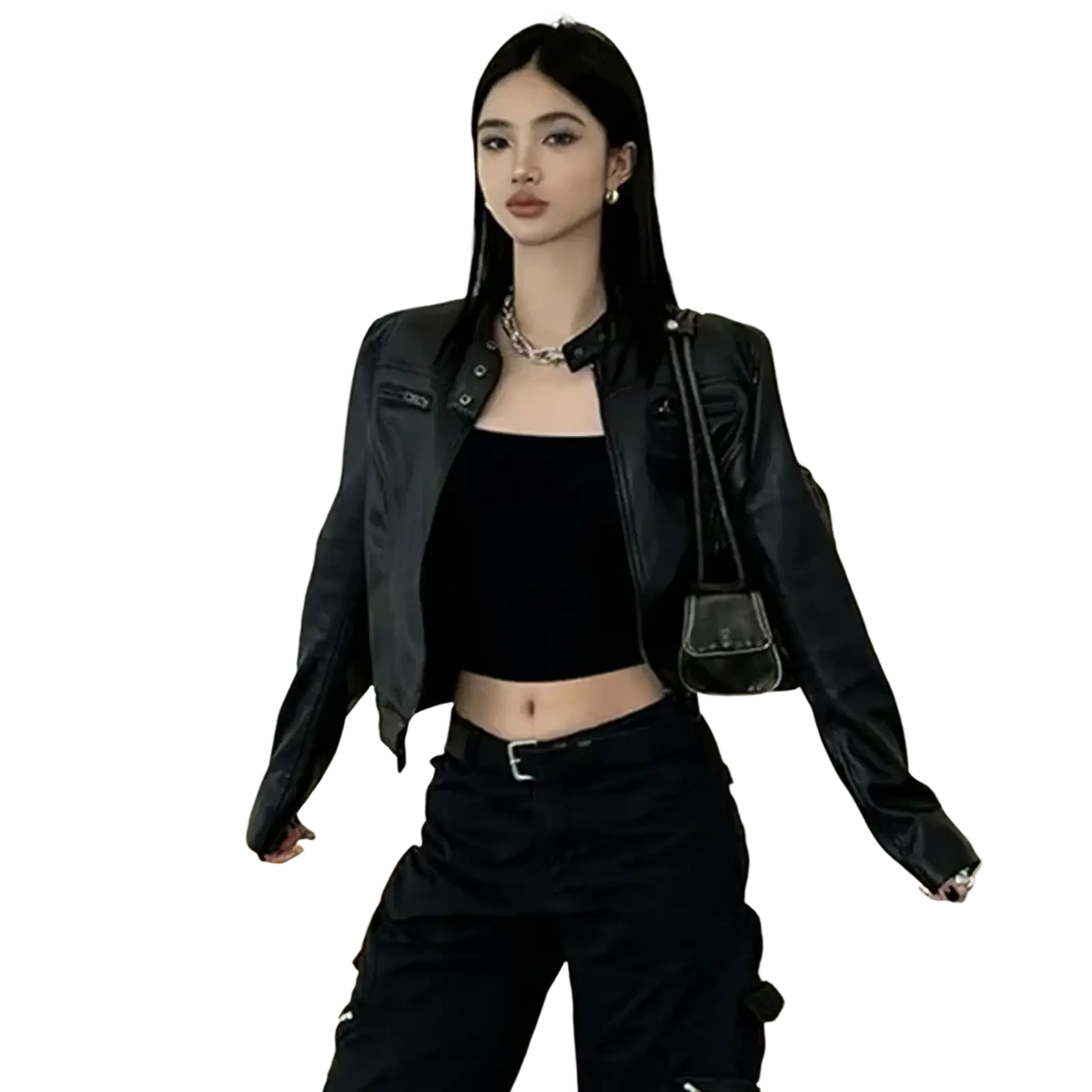 Black faux leather cropped moto jacket with silver hardware and zipper details for a sleek edgy look