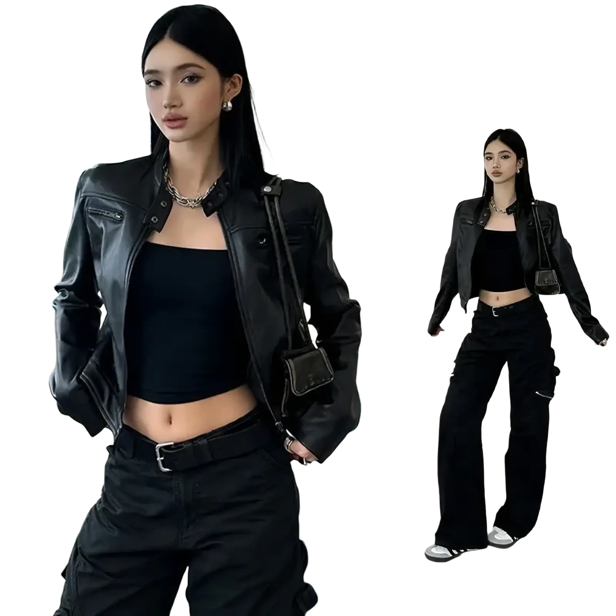 Black faux leather cropped moto jacket with zipper details and silver hardware on the front side