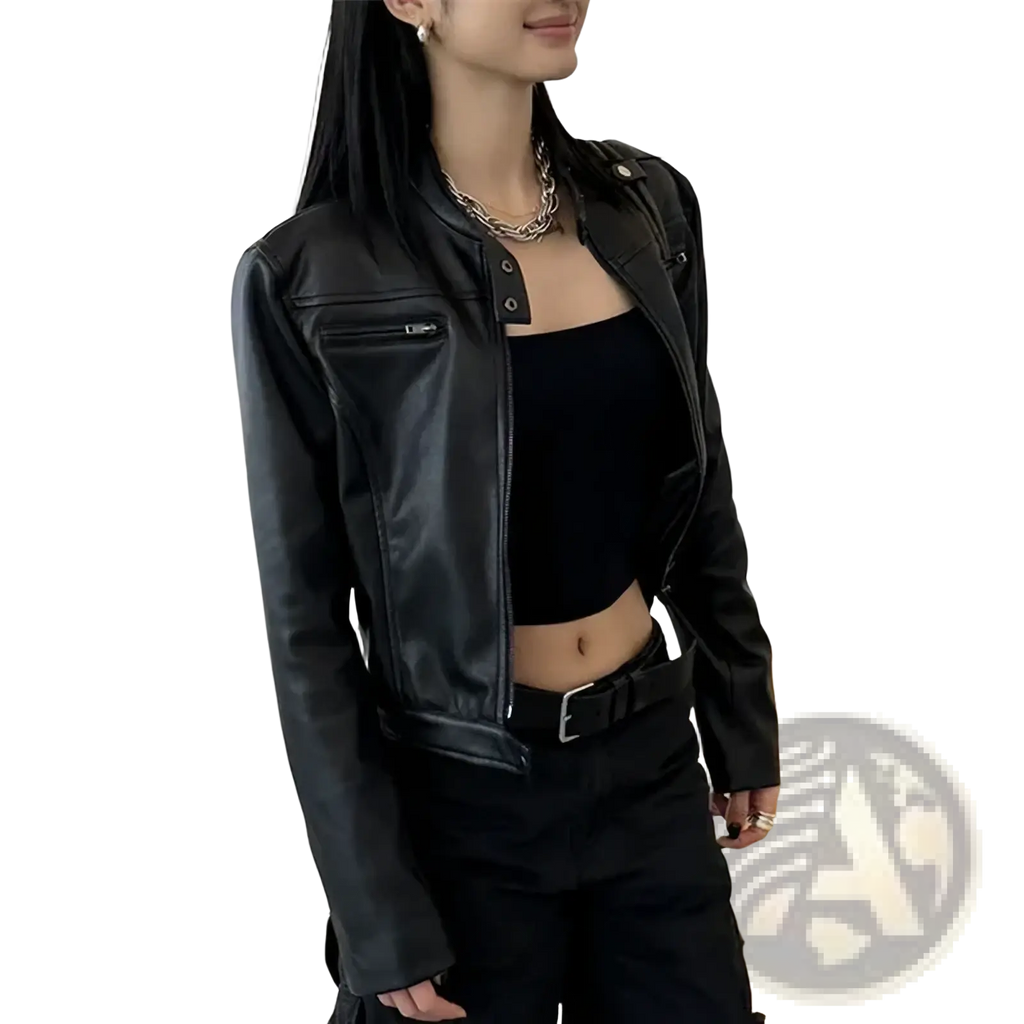 Black faux leather cropped moto jacket with front zipper and snap buttons for a stylish biker look