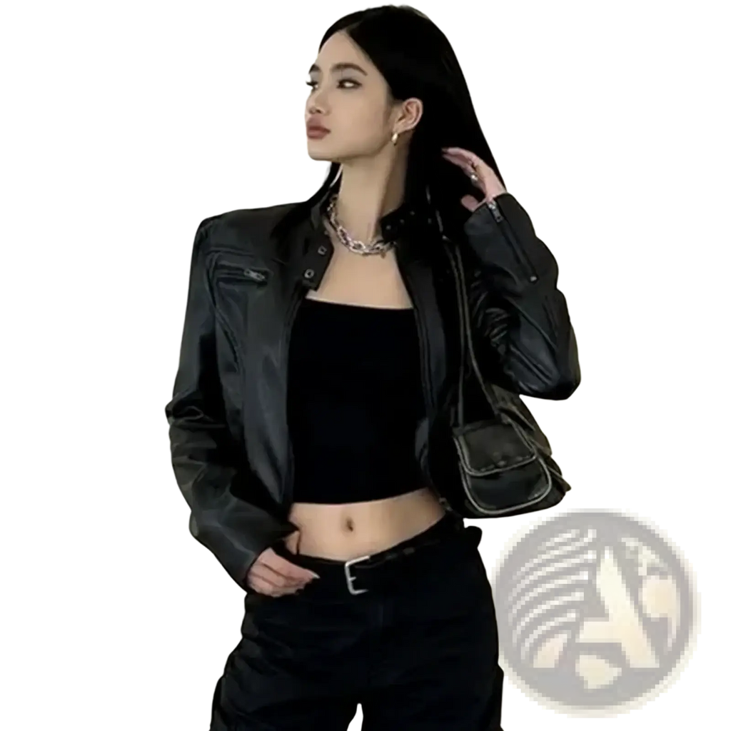 Black faux leather cropped moto jacket with glossy finish and structured shoulders in black leather