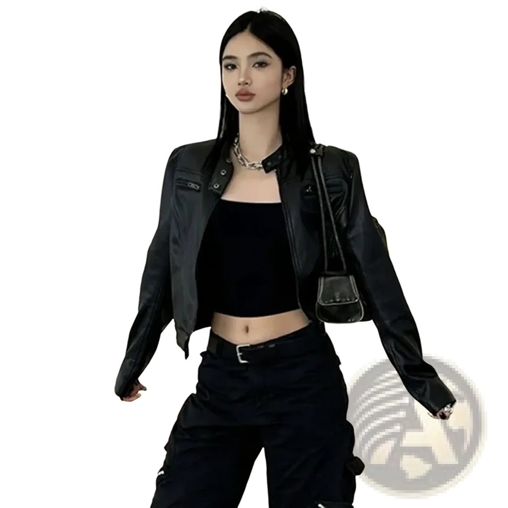 Black faux leather cropped moto jacket with silver hardware and zipper details for a sleek edgy look