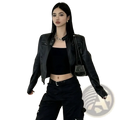 Black faux leather cropped moto jacket with silver hardware and zipper details for a sleek edgy look