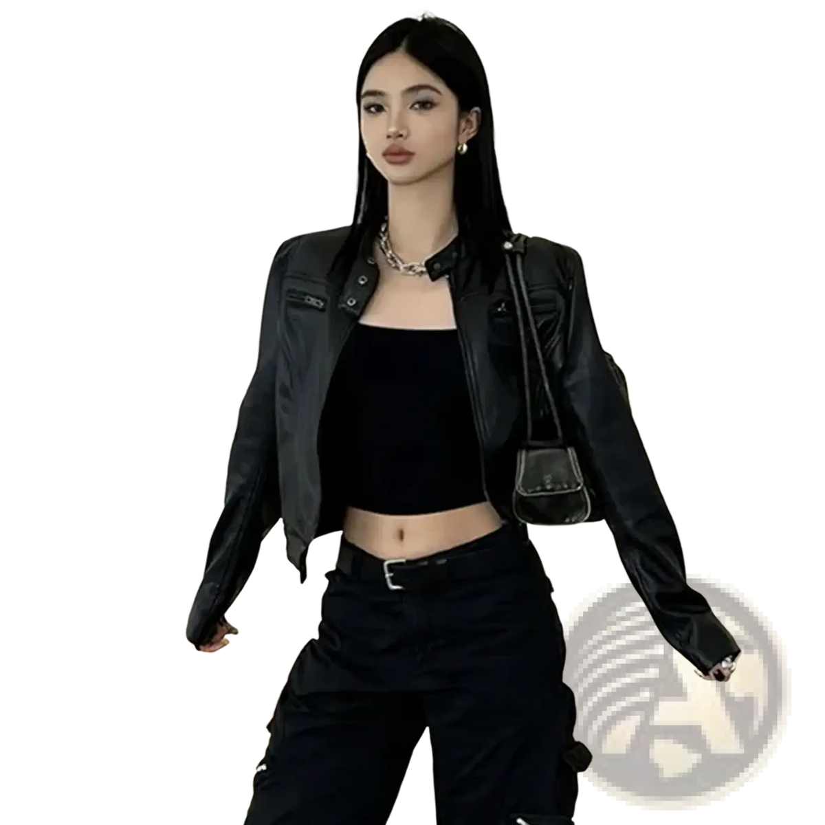 Black faux leather cropped moto jacket with silver hardware and zipper details for a sleek edgy look