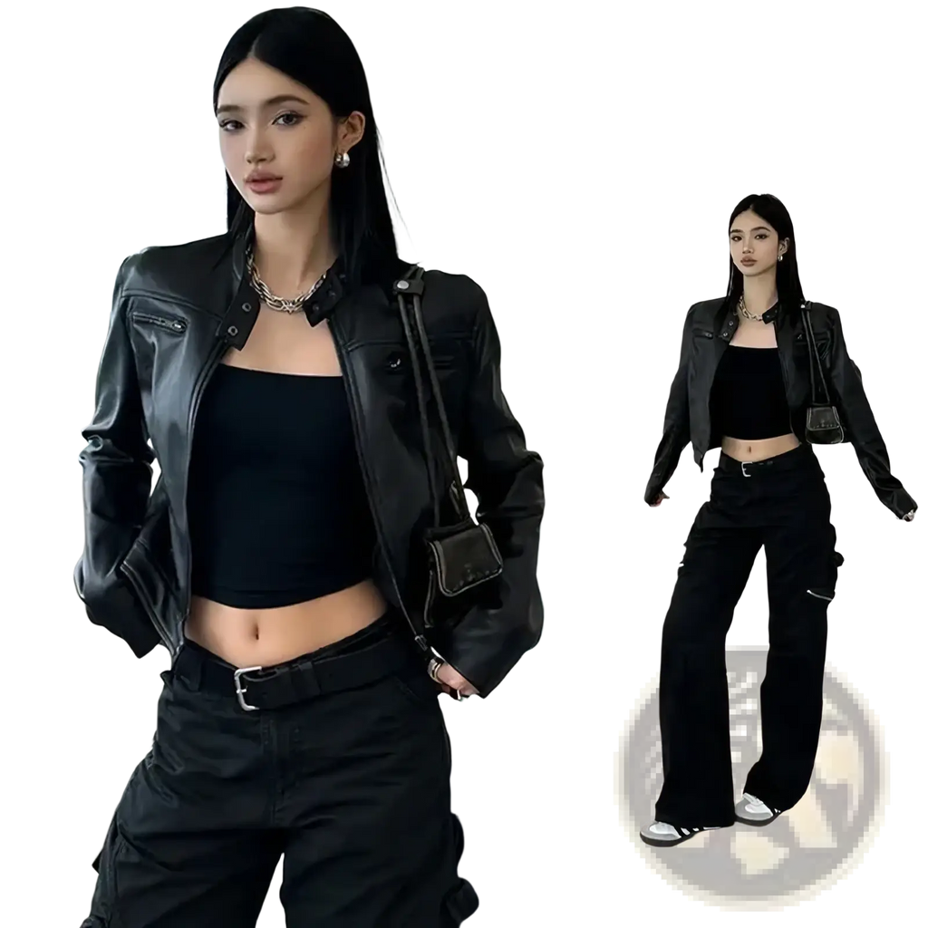 Black faux leather cropped moto jacket with zipper details and silver hardware on the front side