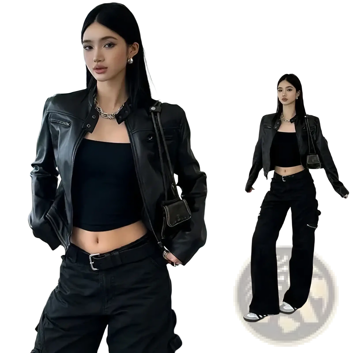 Black faux leather cropped moto jacket with zipper details and silver hardware on the front side