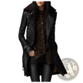Black faux leather double breasted trench coat with plush shearling collar and button closure for cold weather