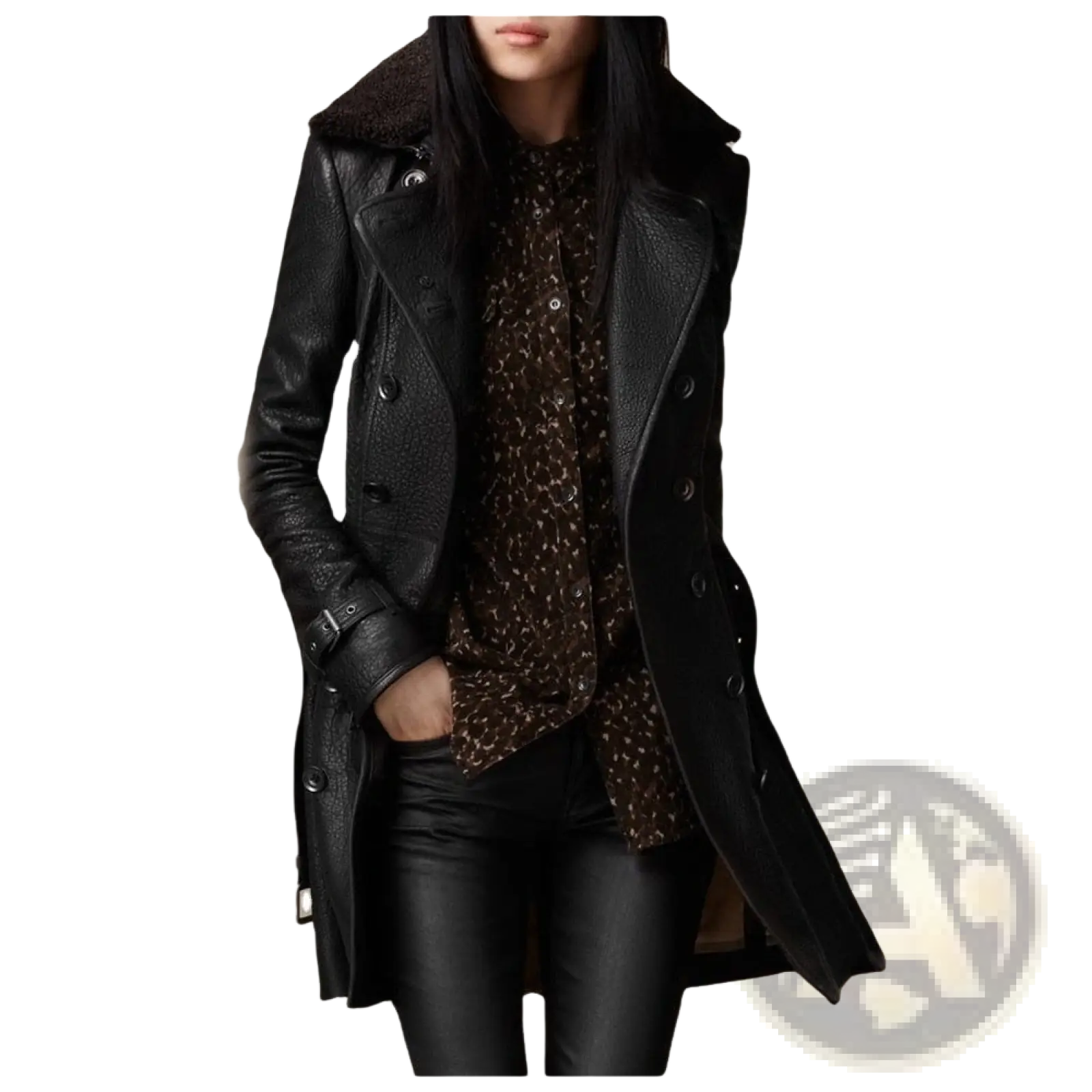 Black faux leather double breasted trench coat with plush shearling collar and button closure for cold weather