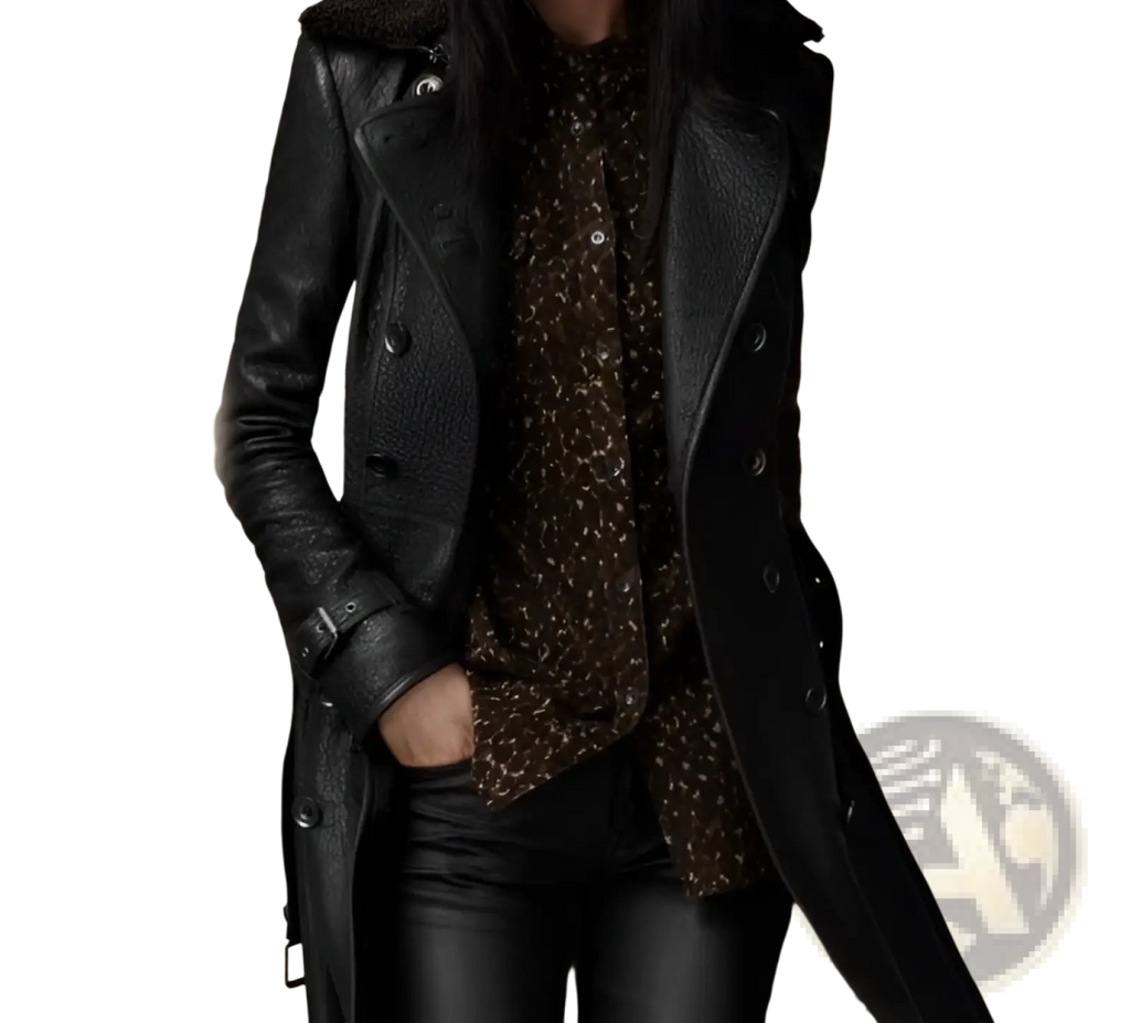 Black faux leather double breasted trench coat with belt featuring fur lined collar and button closure